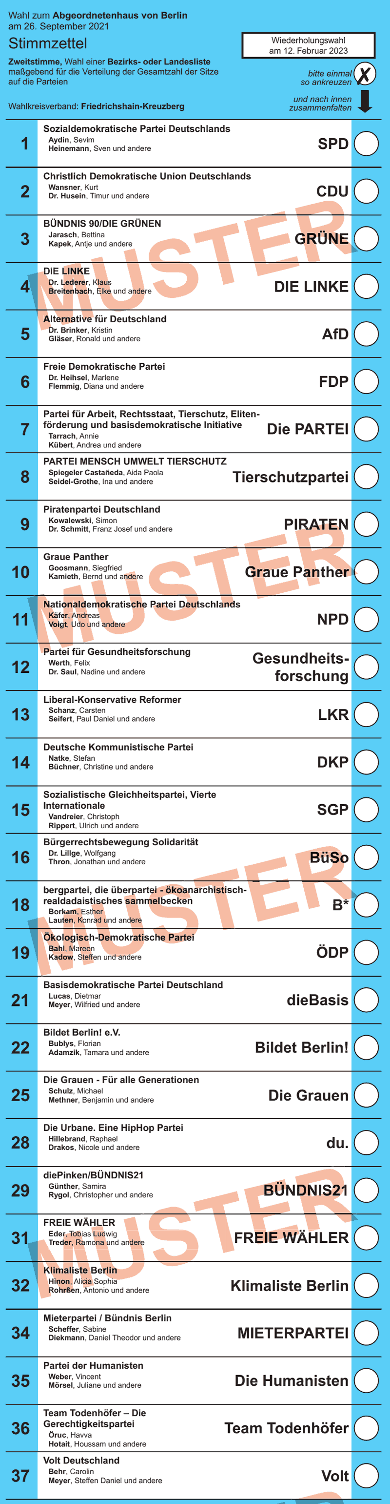 Stimmzettel Zweitstimme Abgeordnetenhauswahl 2023