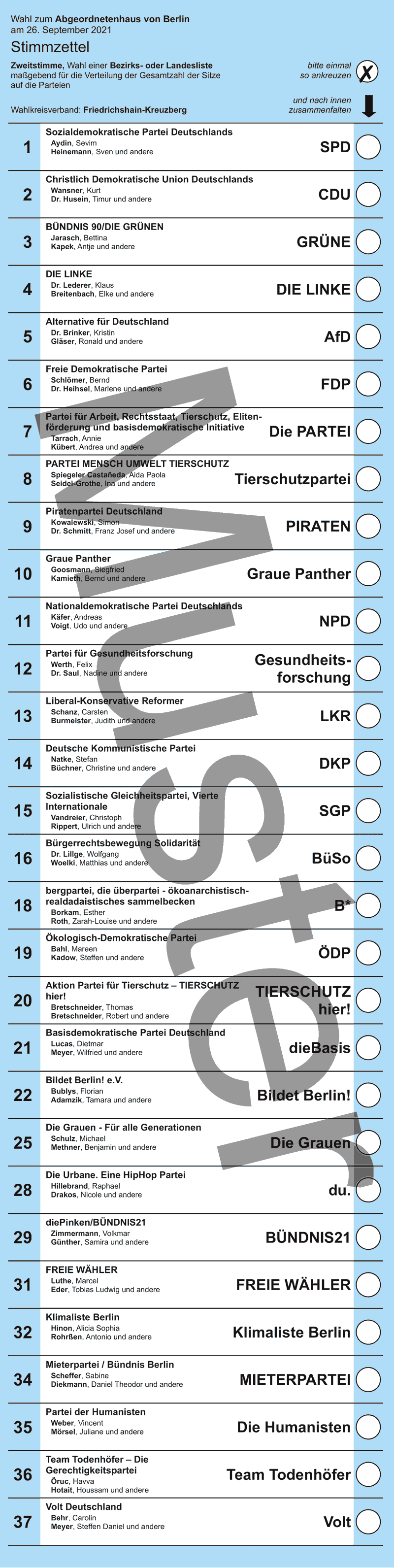 Stimmzettel Zweitstimme Abgeordnetenhauswahl 2021